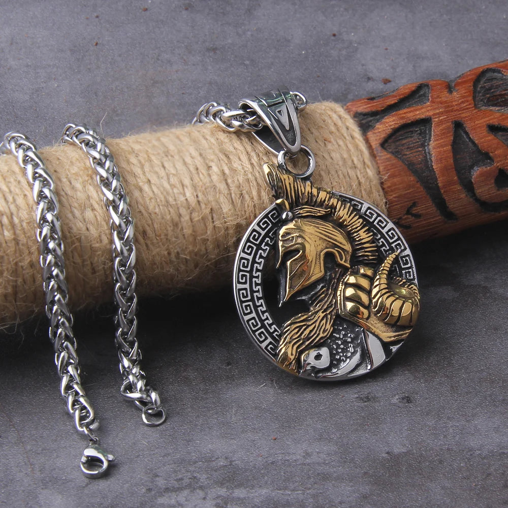 Never Fade Sparta Helmet pendant necklace with wooden box as men gift