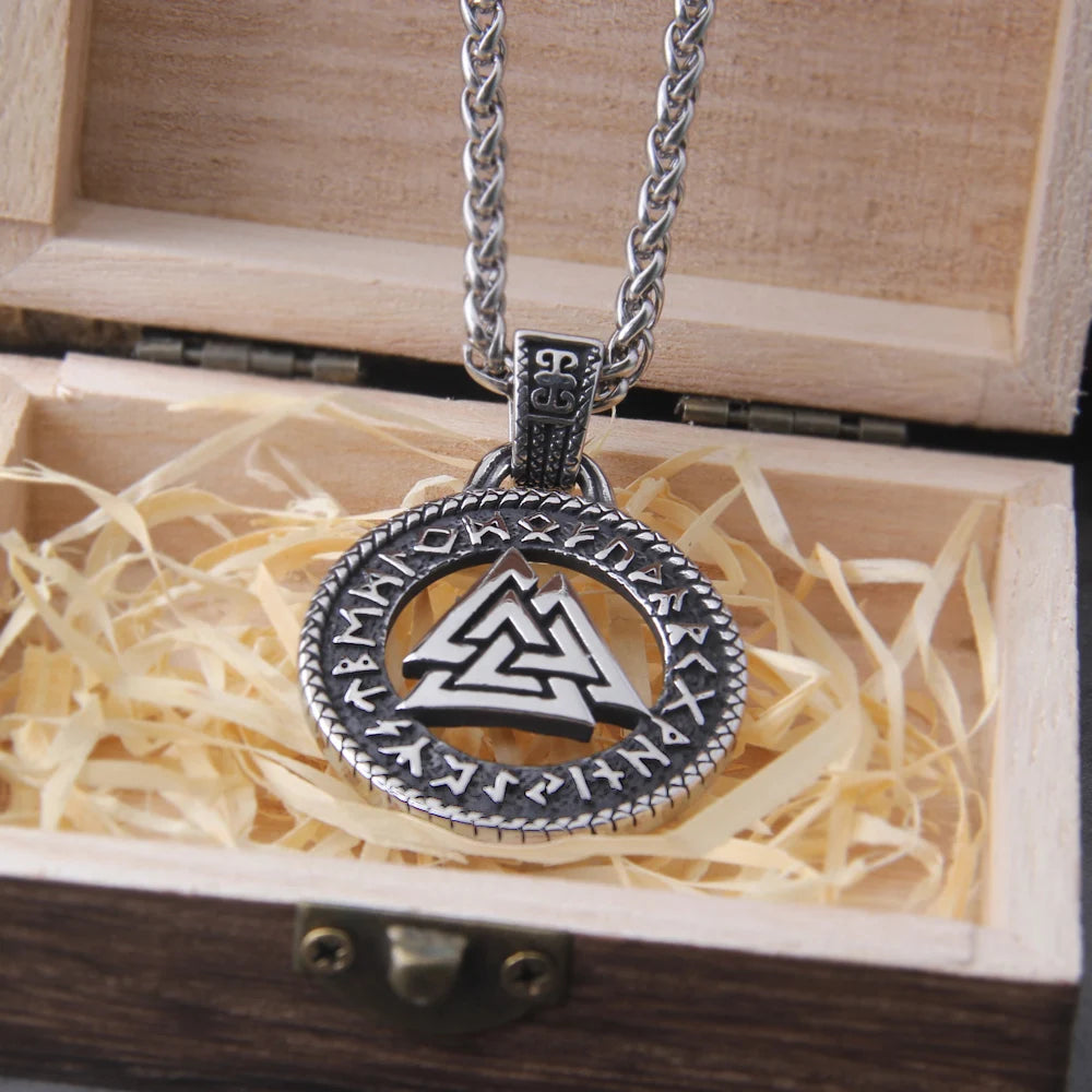Never Fade The Valknut Viking Runes Necklace Pendant Scandinavian Norse Vikings Charms with wooden box as men gift