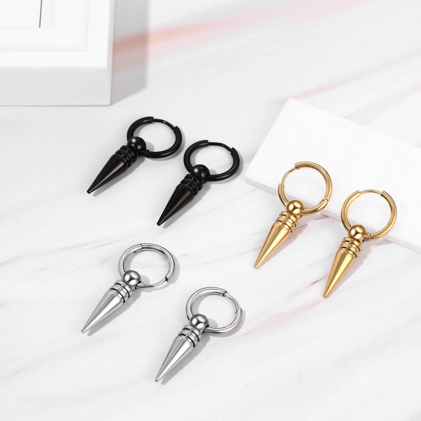 BONISKISS Cross Hollow Chain Stainless Steel Earrings Hoop Huggie Hinged Viking Runes Retro Gothic Ear Stud Men Women Unisex