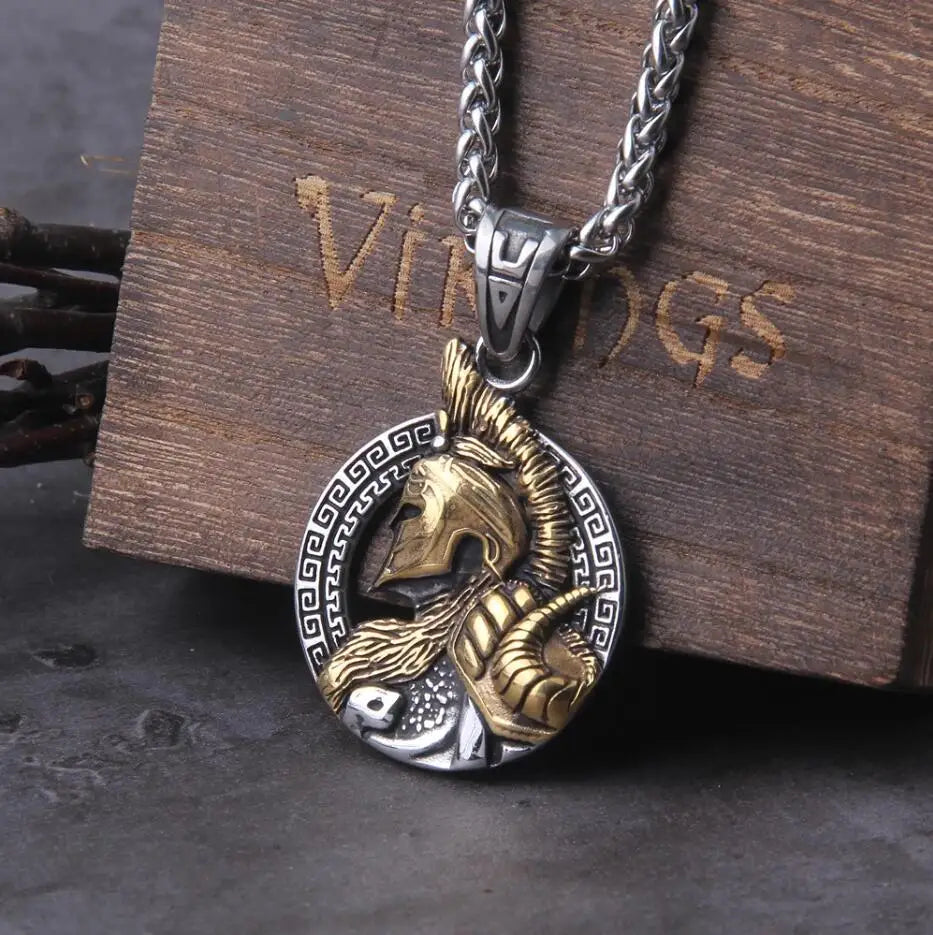 Never Fade Sparta Helmet pendant necklace with wooden box as men gift