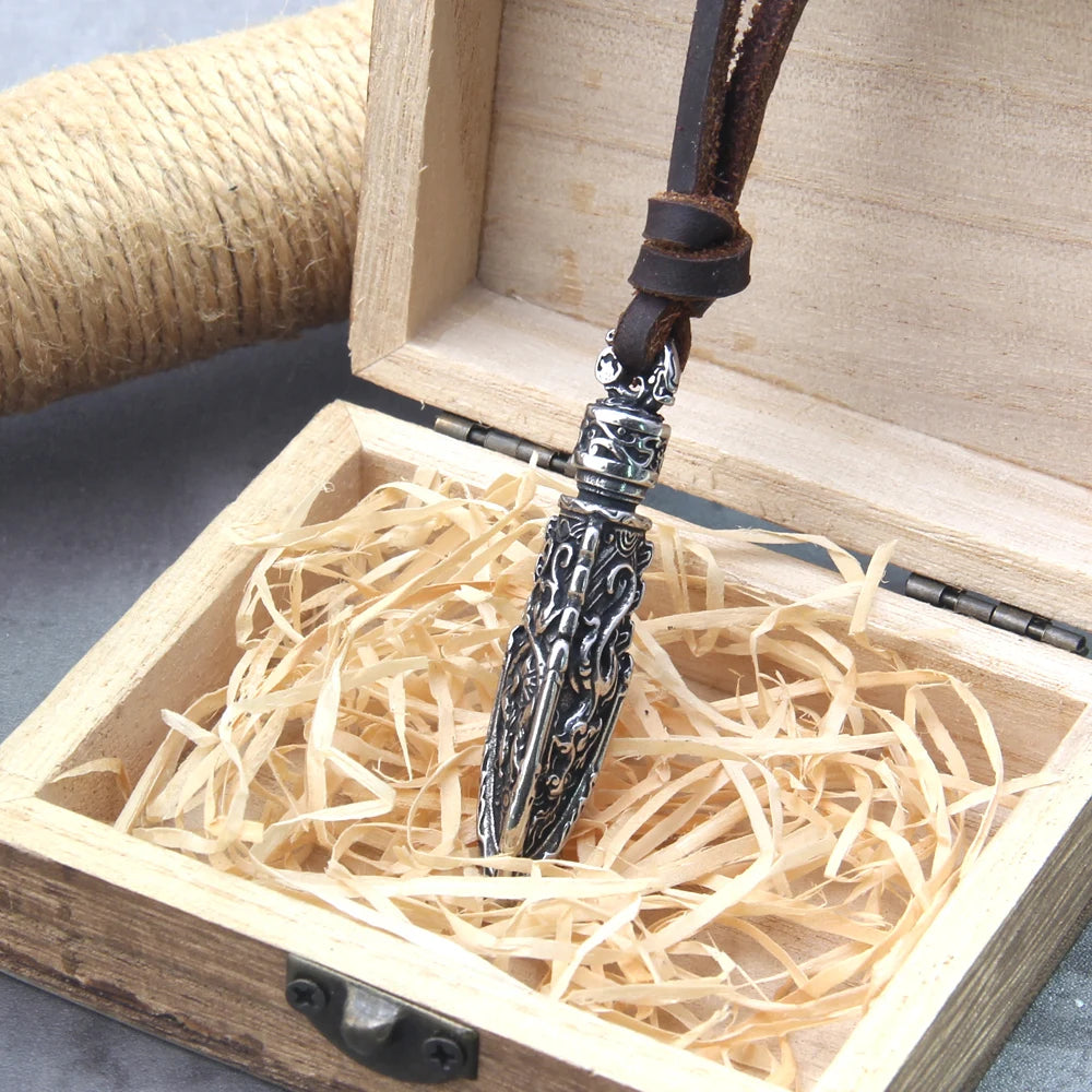 stainless steel Viking dragon spear Pendant Necklace with really cow leather chain As Men Gift with wooden box as gift