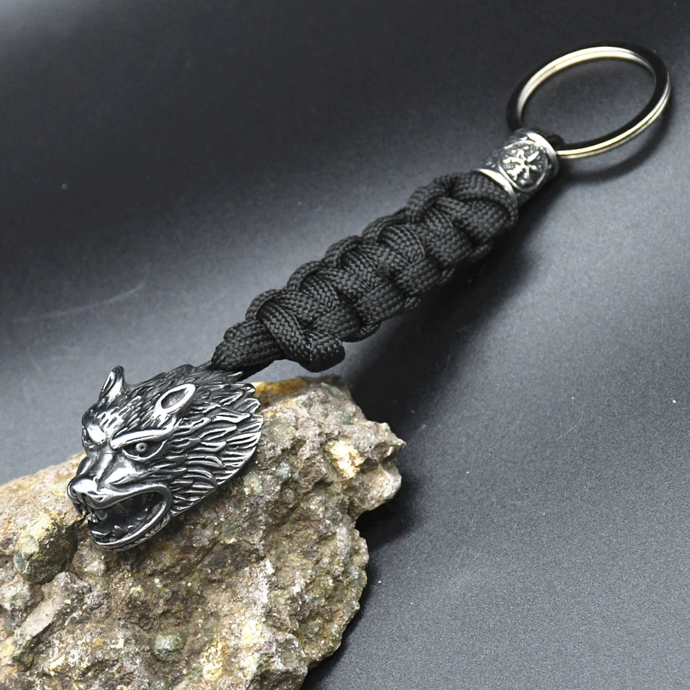 Viking Wolf Head Stainless Steel Paracord Keyring Norse