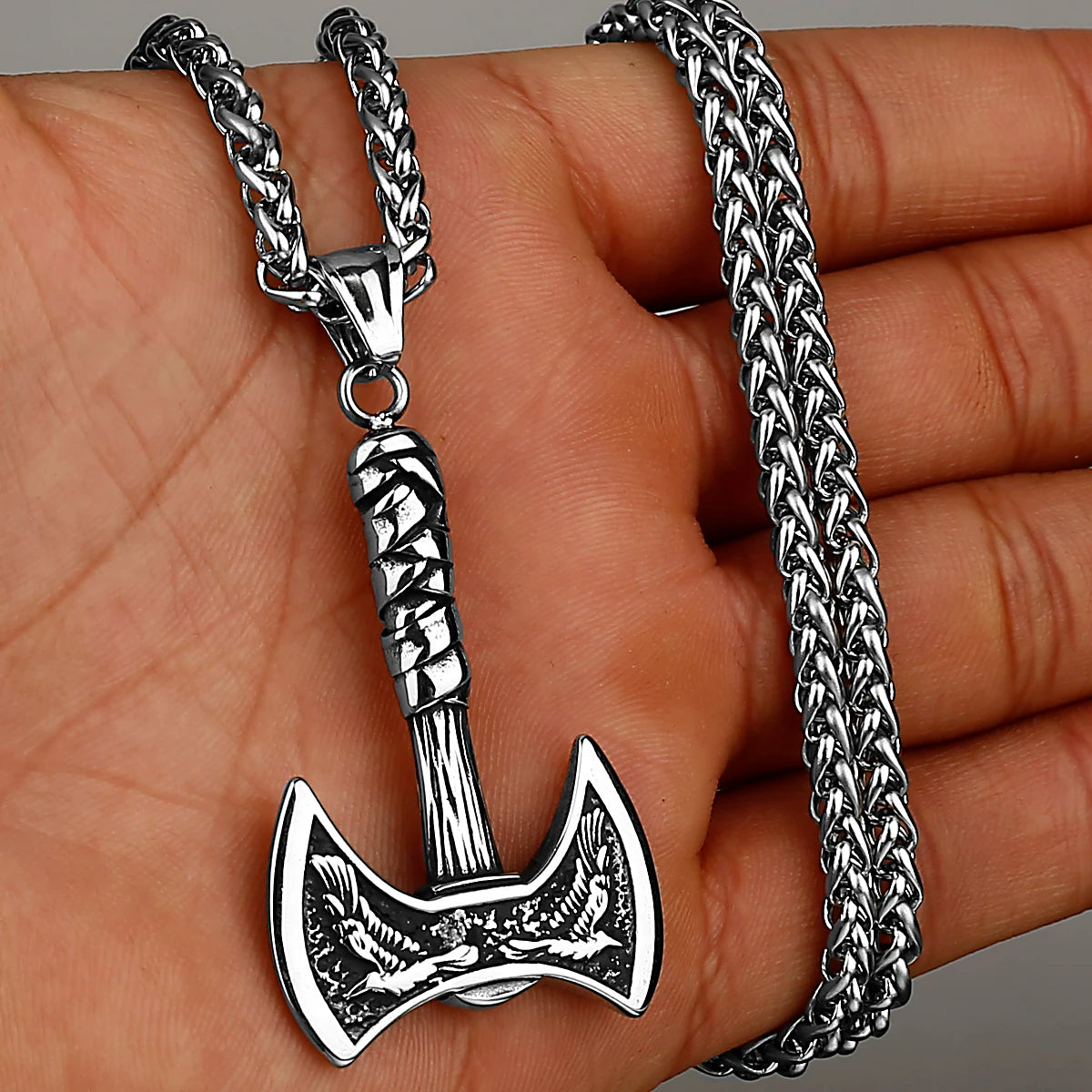 Viking Odin Raven Double Axe Necklace Stainless Steel