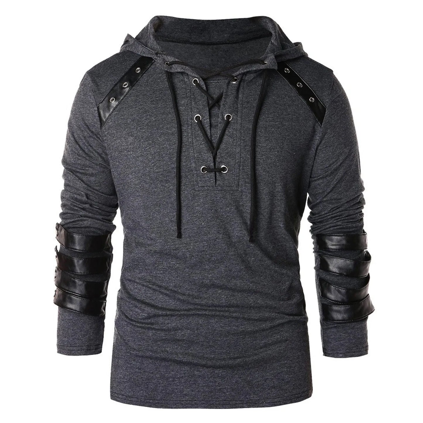 Leather Patchwork Drawstring Hooded Men's Tees Tops Long Sleeve V Neck Lace Up Blouses Vintage Medieval Plus Size Loose Clothing