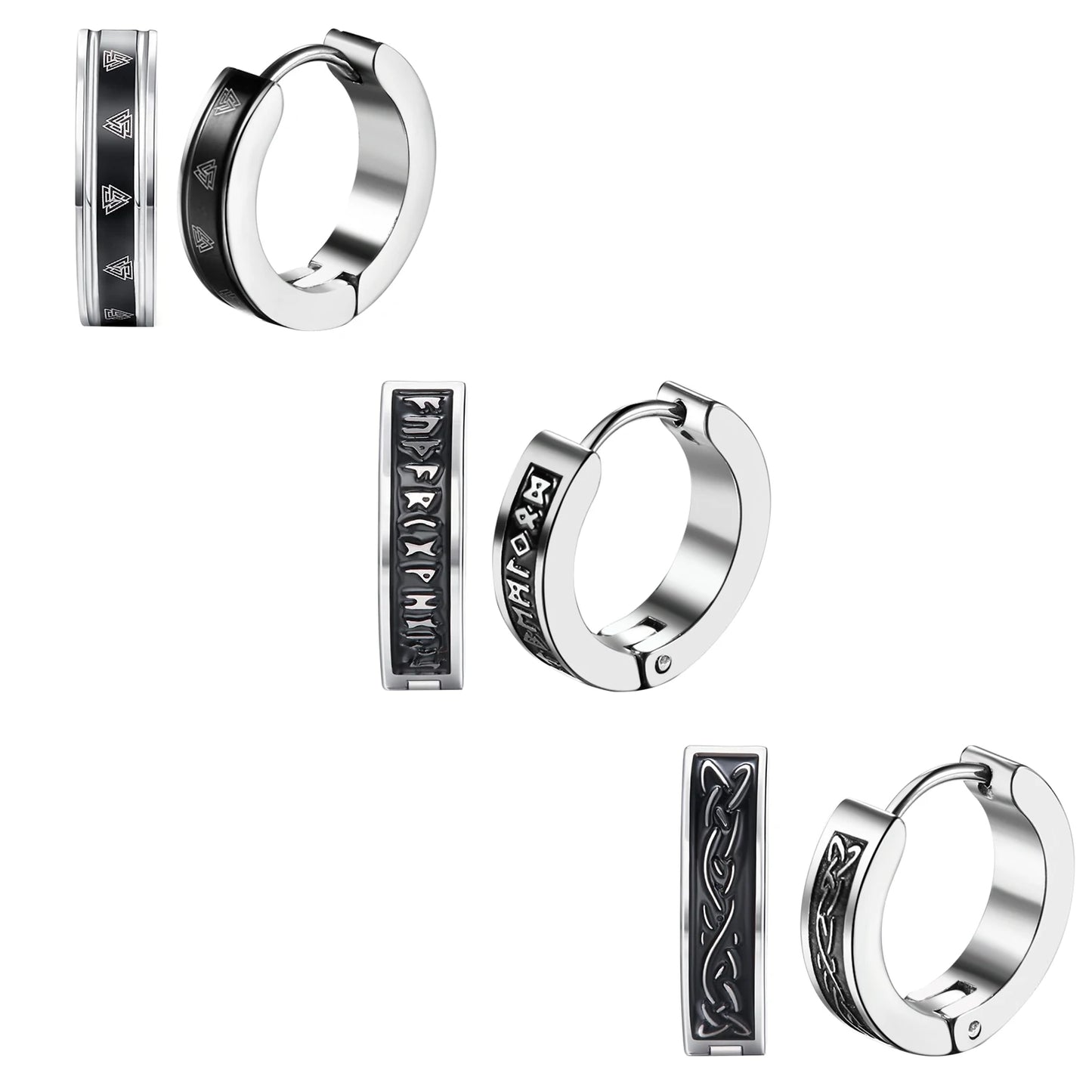 BONISKISS Men's Viking Rune Embrace Earrings Stainless Steel Three Pair Hoop Earrings Pendientes Geometric Loop Jewelry Gifts