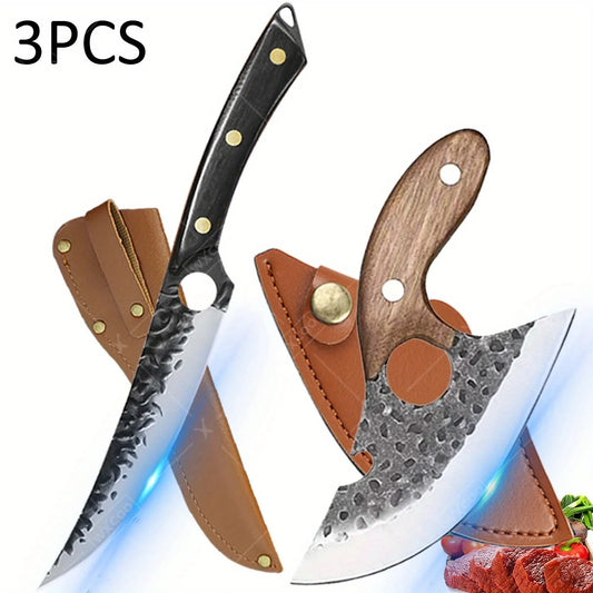 2Pcs Kitchen Chef Knife Hand Forged Stainless Steel Mini Multipurpose Boning Slicing Knife with Laser Damascus Pattern Perfect