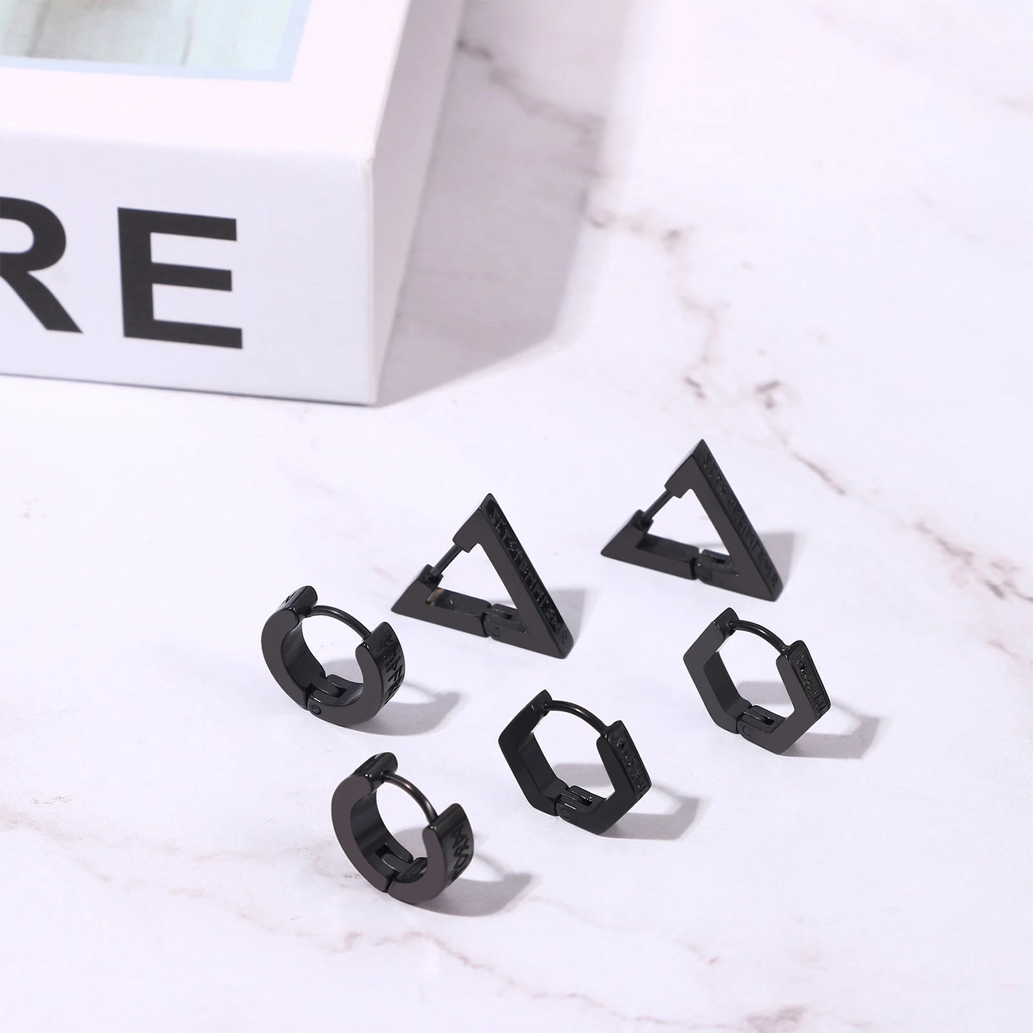 BONISKISS Men's Viking Rune Embrace Earrings Stainless Steel Three Pair Hoop Earrings Pendientes Geometric Loop Jewelry Gifts