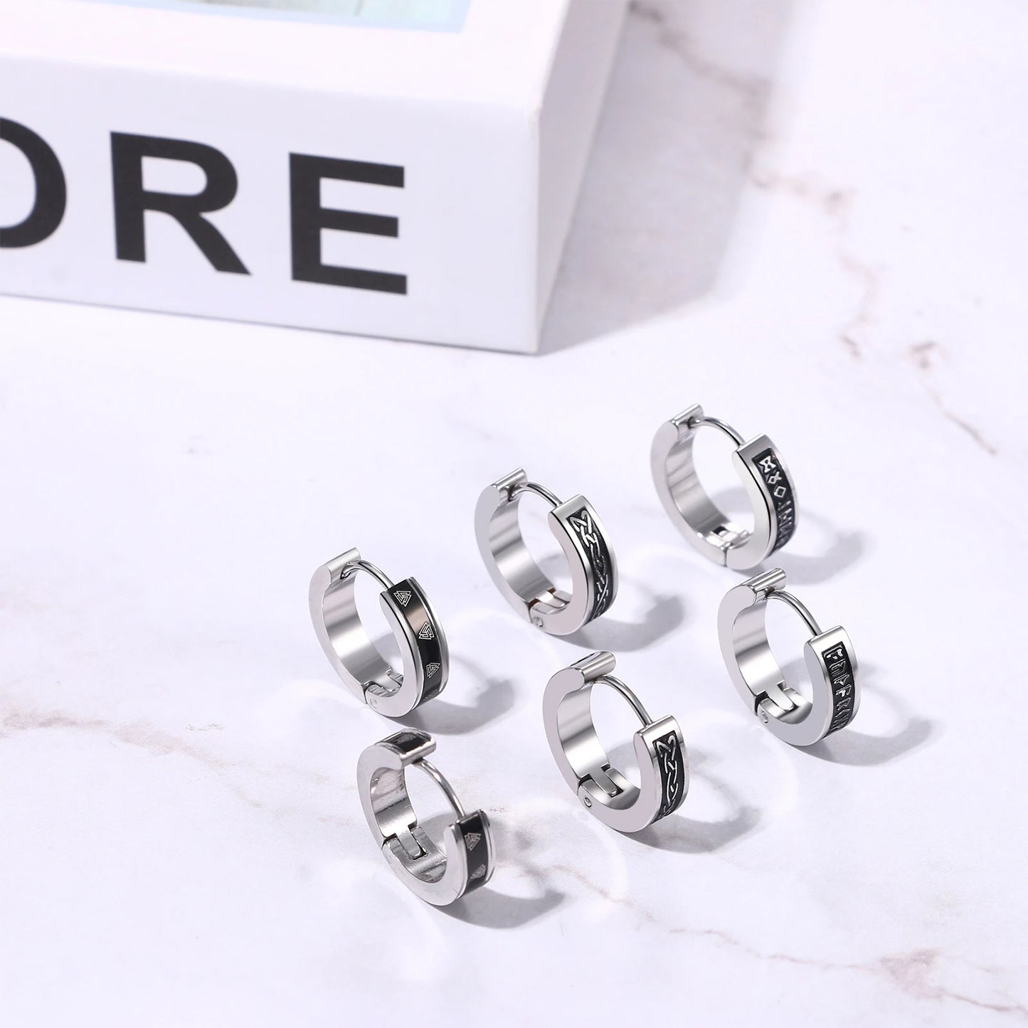 BONISKISS Men's Viking Rune Embrace Earrings Stainless Steel Three Pair Hoop Earrings Pendientes Geometric Loop Jewelry Gifts