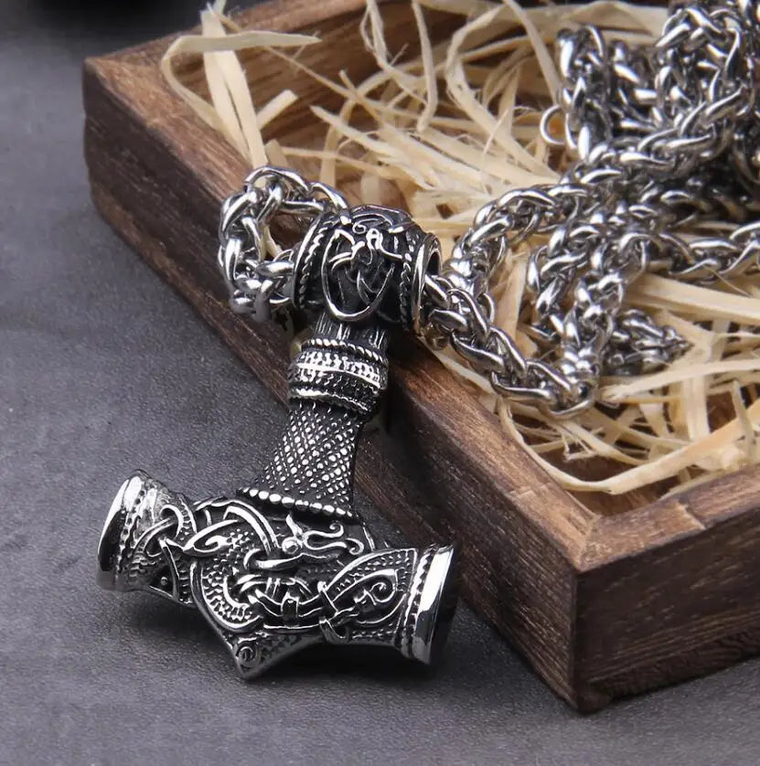 Stainless Steel Thor's Hammer Necklace Viking Dragon