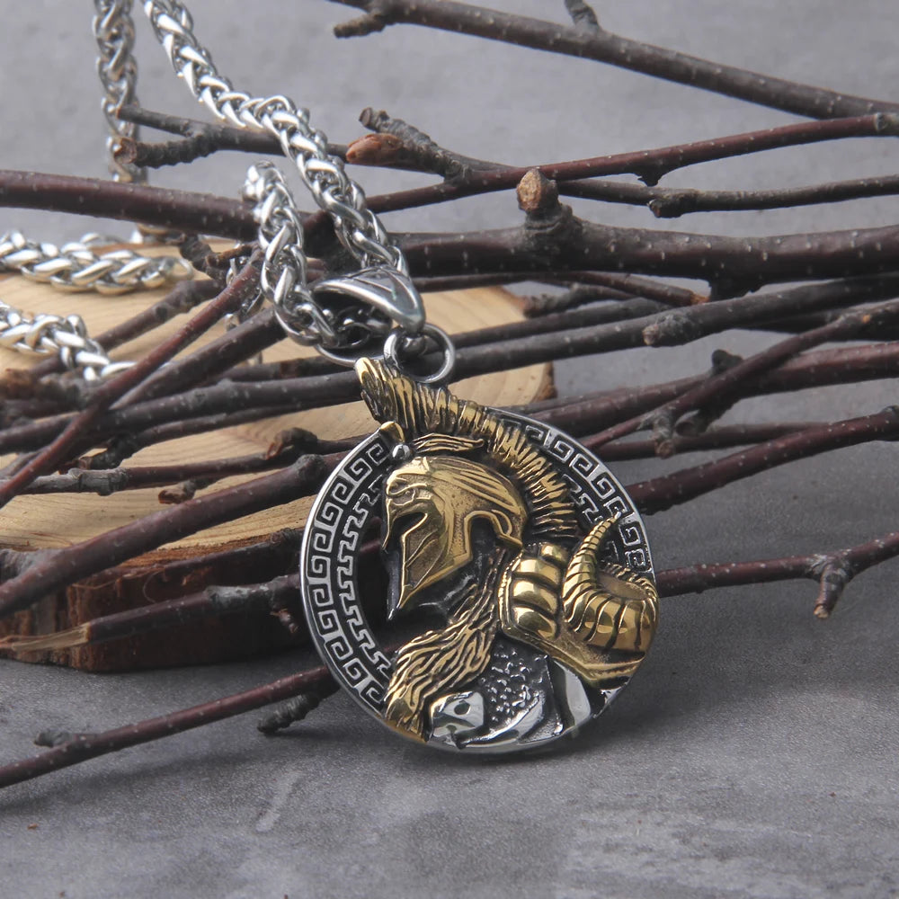 Never Fade Sparta Helmet pendant necklace with wooden box as men gift
