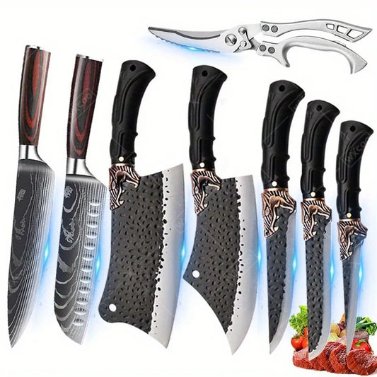 8PCS Professional Kitchen Chef Knife Set Forged Stainless Steel Utility Boning Vegetable Fish Cutting Butcher Scissor for Meat