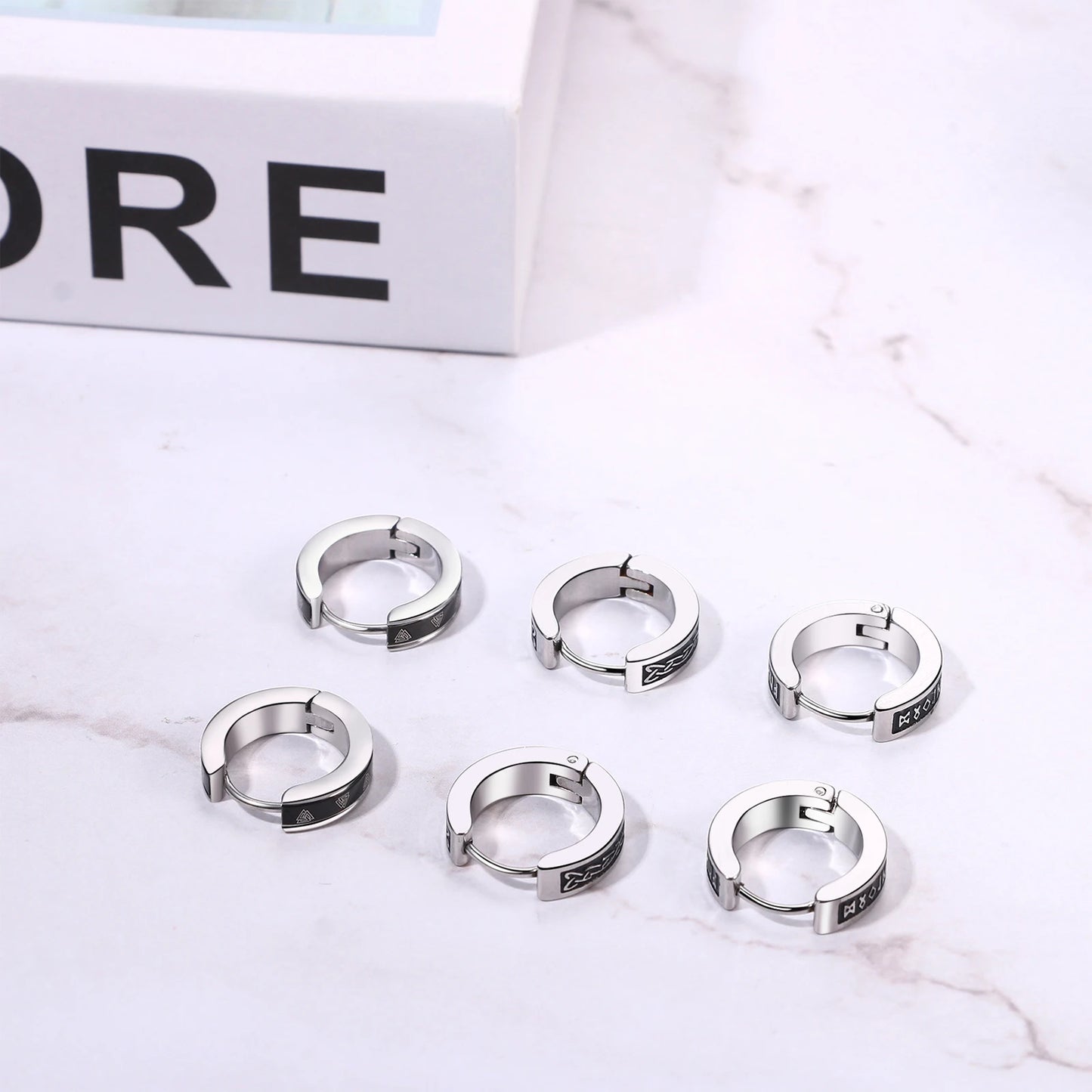 BONISKISS Men's Viking Rune Embrace Earrings Stainless Steel Three Pair Hoop Earrings Pendientes Geometric Loop Jewelry Gifts