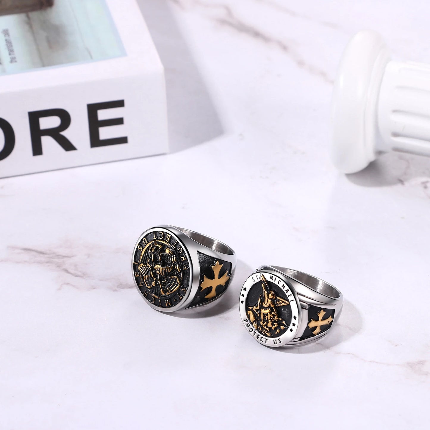 BONISKISS Men's St. Michael Ring Religious Seal Stainless Steel Ring Amulet Jewelry Gift Vintage Golden Sliver Male Fashionable