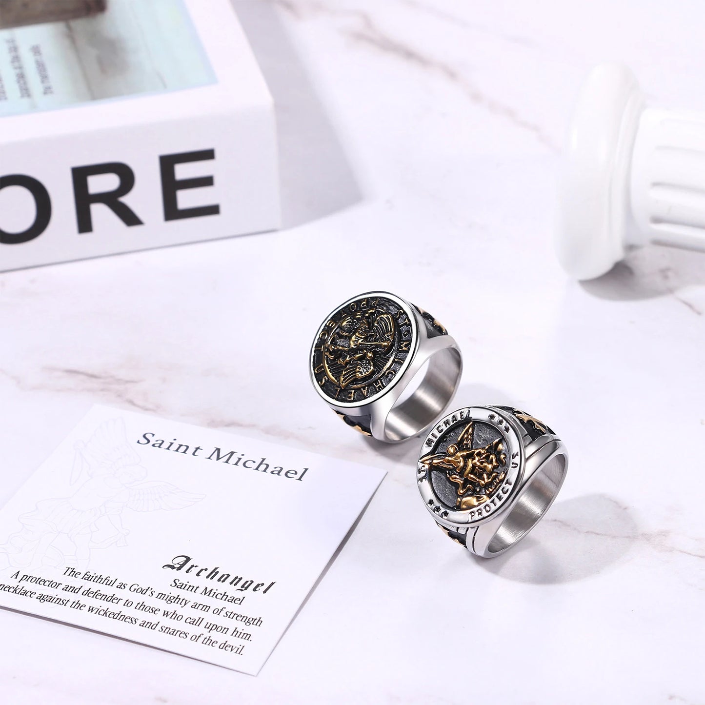 BONISKISS Men's St. Michael Ring Religious Seal Stainless Steel Ring Amulet Jewelry Gift Vintage Golden Sliver Male Fashionable