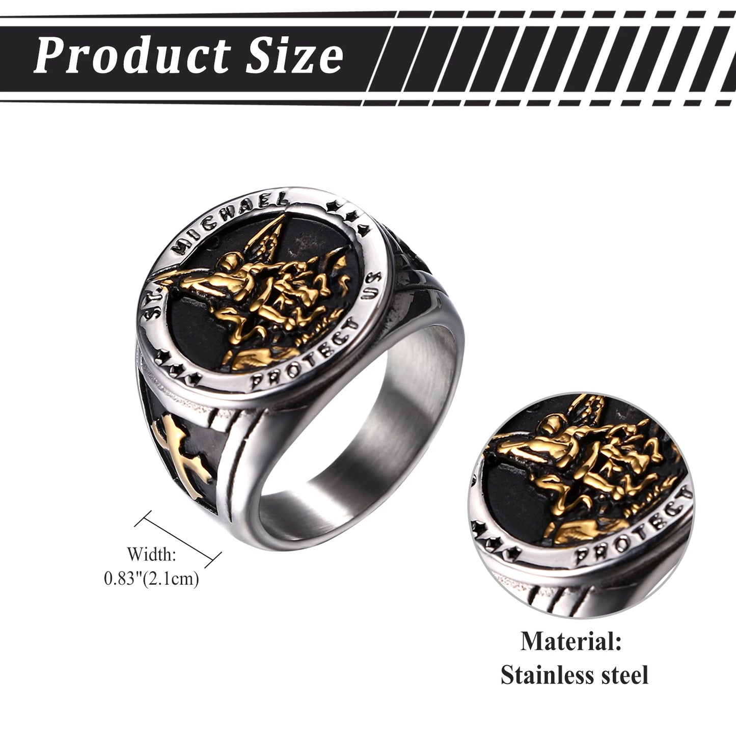 BONISKISS Men's St. Michael Ring Religious Seal Stainless Steel Ring Amulet Jewelry Gift Vintage Golden Sliver Male Fashionable