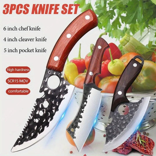 3 PCS Stainless Steel Kitchen Chef Knife Set Hand Forged Multipurpose Boning Knife Mini Utility Slicing Cooking Butcher Fruit