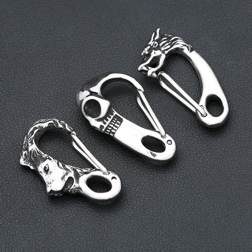 Stainless Steel Lion Head Keychain Men Skull Buckle Key Ring Carabiner Jewelry