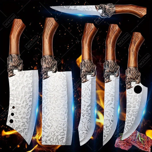 6PCS Professional Kitchen Chef Knife Set Stainless Steel Boning Knife Forged Butcher Knife Utility Knife Vegetable Chopper Meat