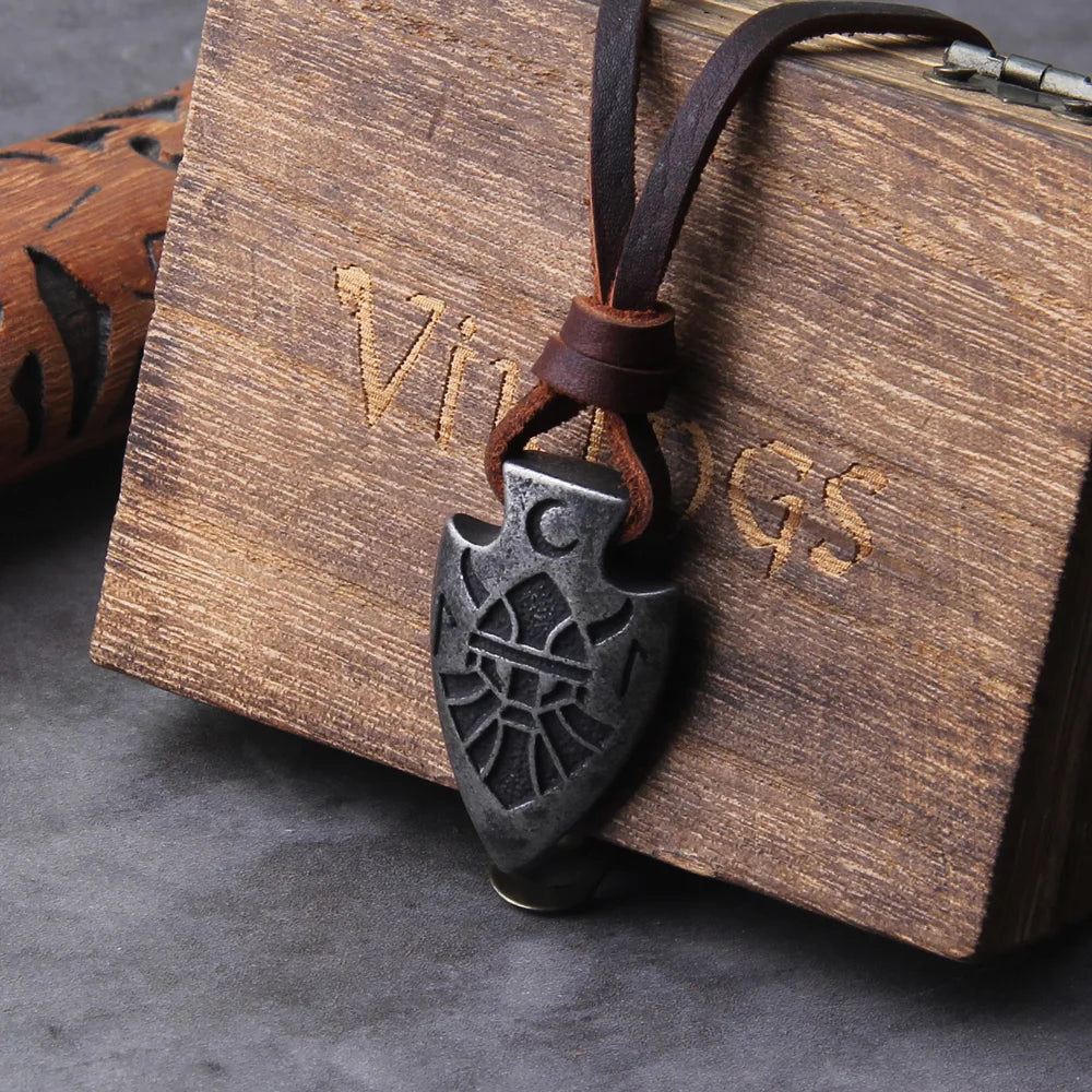 stainless steel Viking dragon spear Pendant Necklace with really cow leather chain As Men Gift with wooden box as gift
