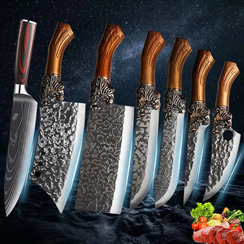 7PCS Professional Kitchen Knife Set Stainless Steel Chef Utility Boning Butcher Cleaver Paring Fish Multipurpose Cutting Tools
