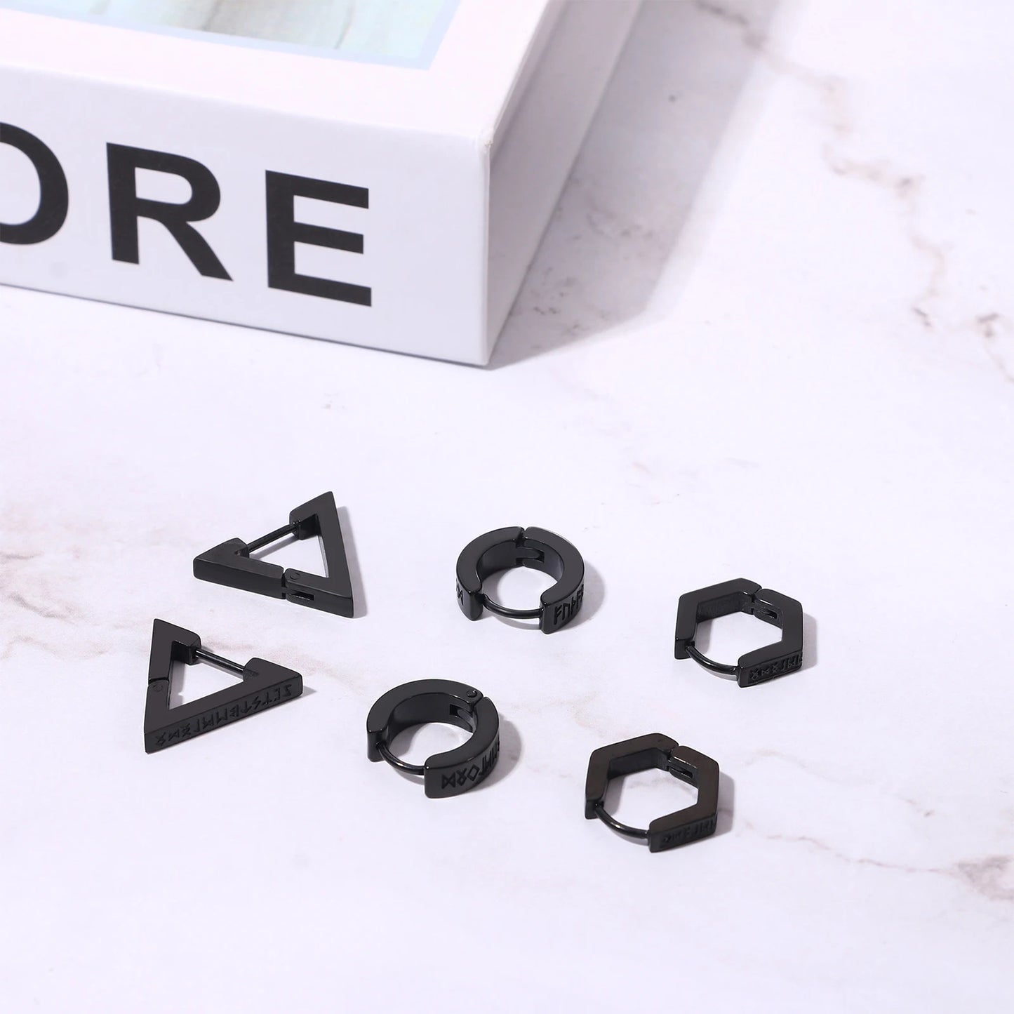 BONISKISS Men's Viking Rune Embrace Earrings Stainless Steel Three Pair Hoop Earrings Pendientes Geometric Loop Jewelry Gifts