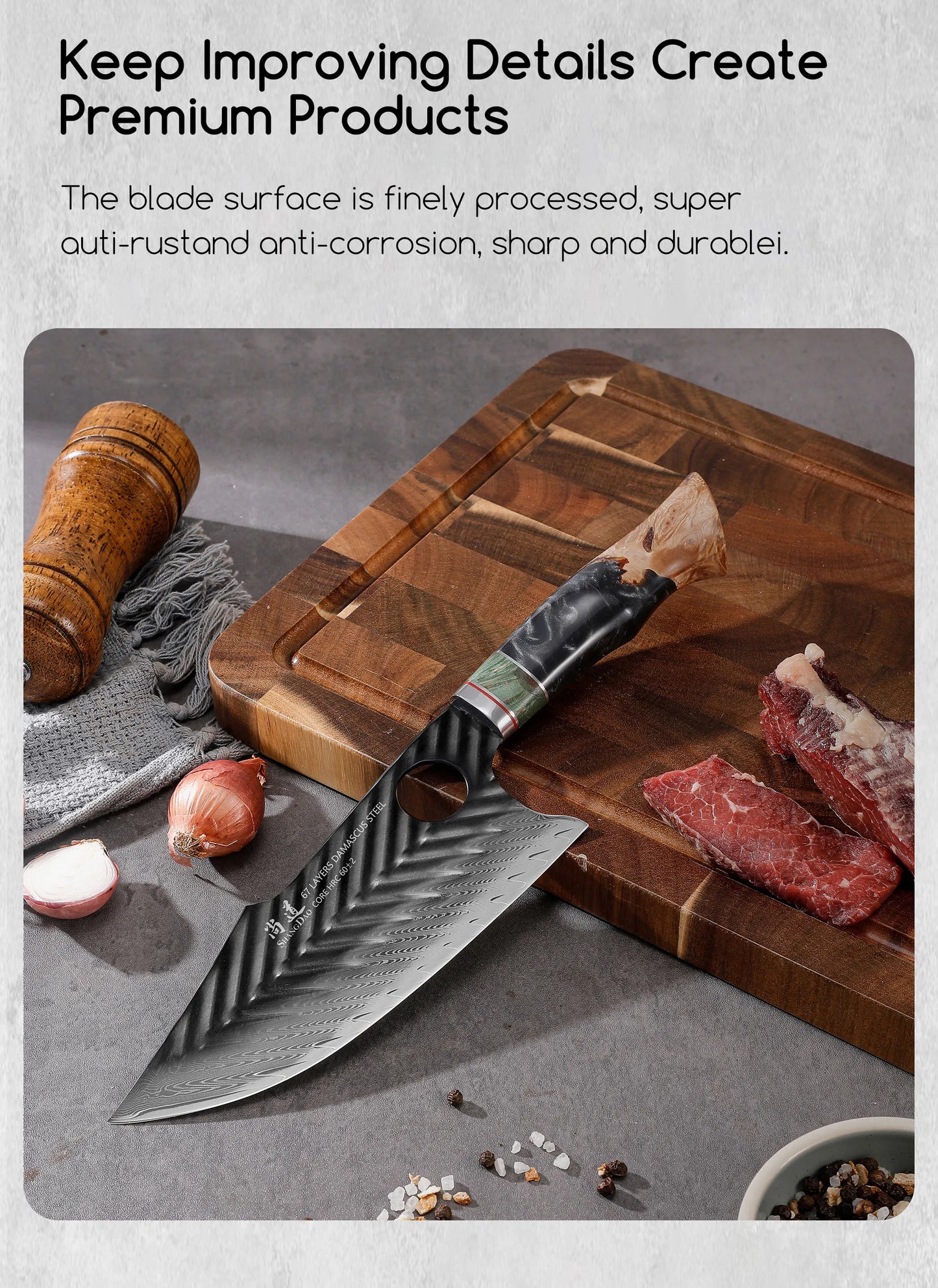SHANGDAO Damascus Butcher Knife 7 inch, Viking Cleaver Kitchen Knives with Leather Sheath - Hand Forged Resin & Wood Handle