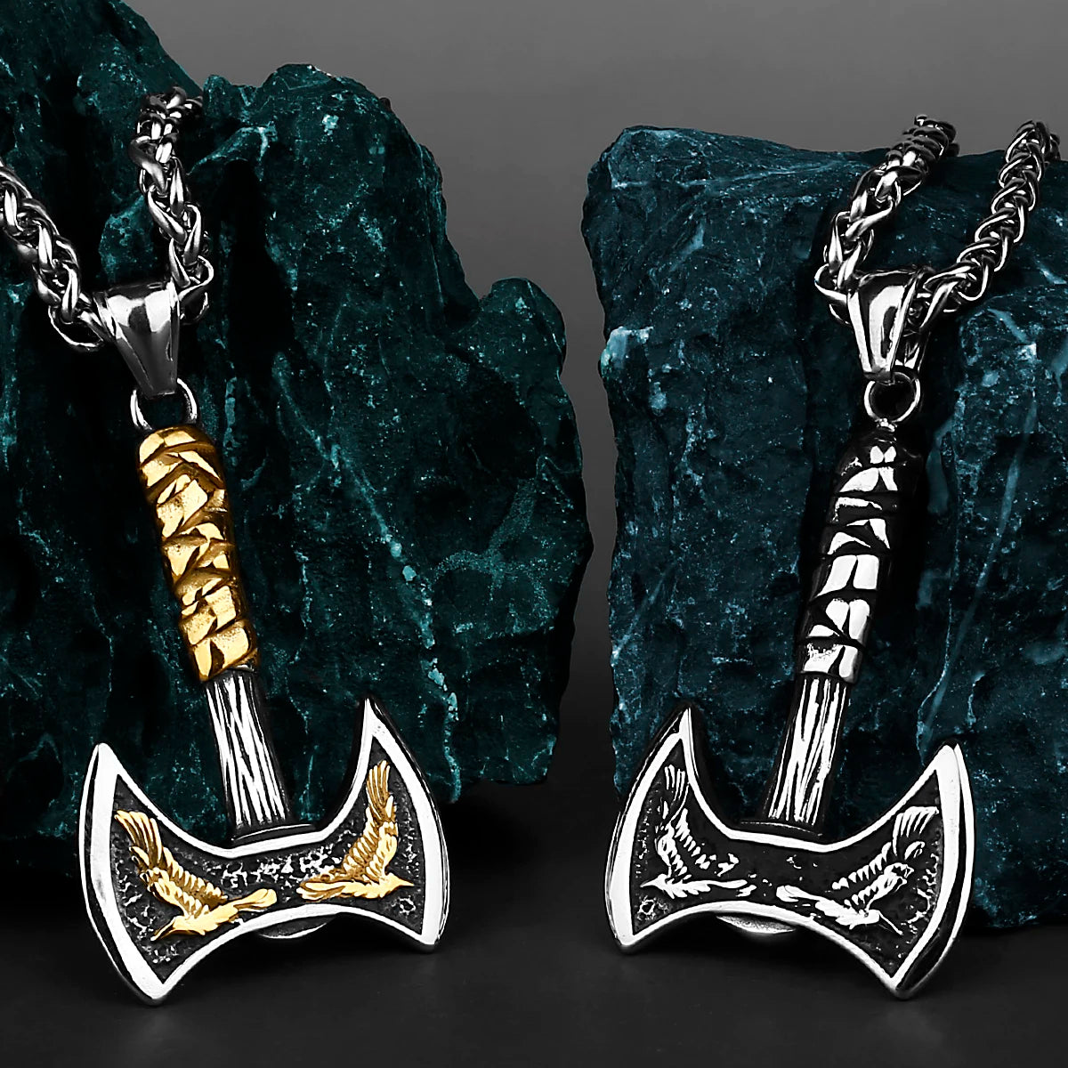 Viking Odin Raven Double Axe Necklace Stainless Steel