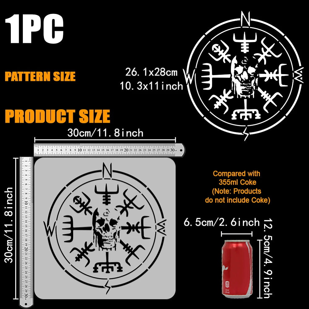 1pc Viking Compass Painting Stencil 11.8x11.8 inch Skull Compass Stencil for Painting ReusableTheme Motifs Plastic Stencil