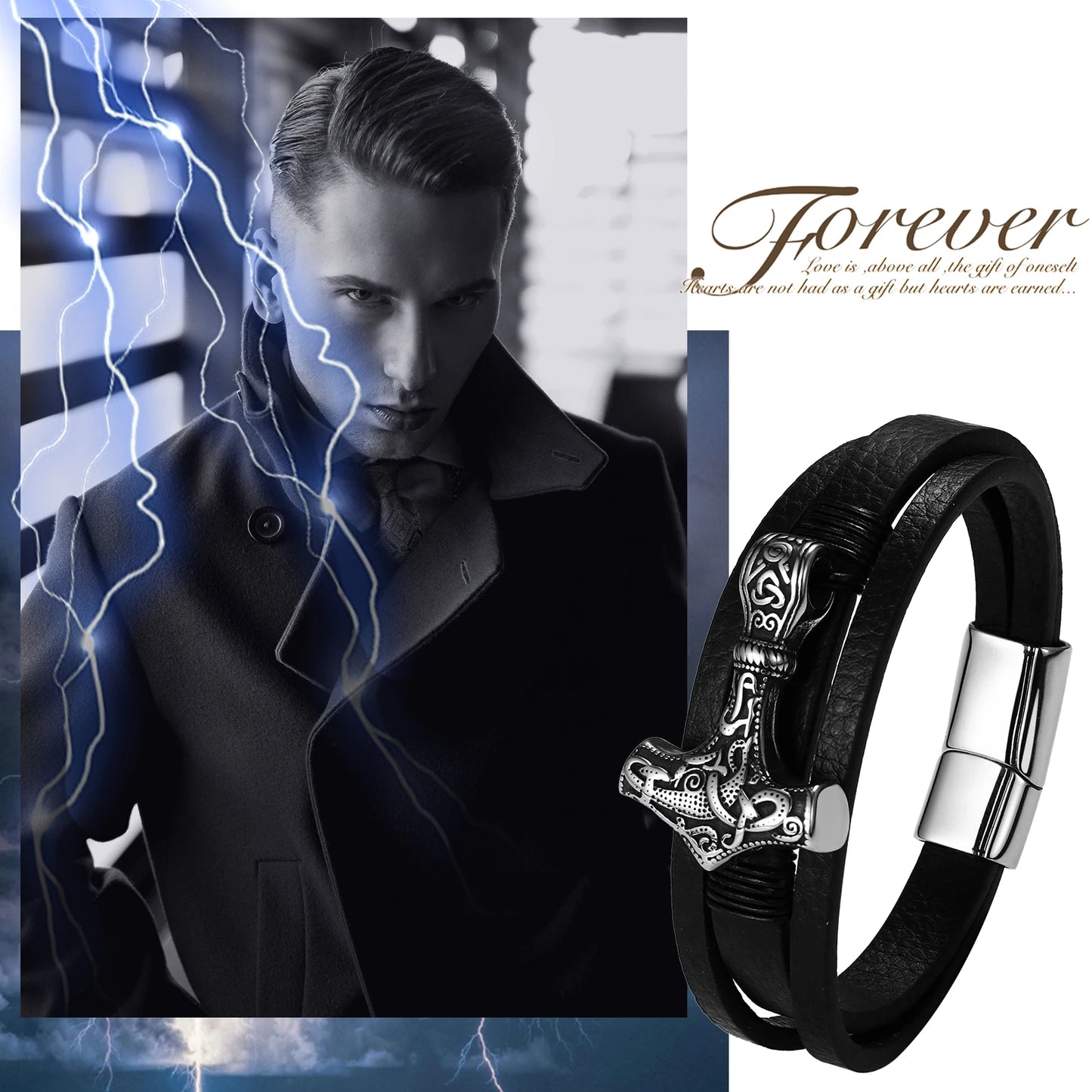 BONISKISS Mens Viking Thor's Hammer Norse Runes Vintage Leather Bracelet Amulet Mjolnir Jewelry Gift Magnetic Buckle Accessories