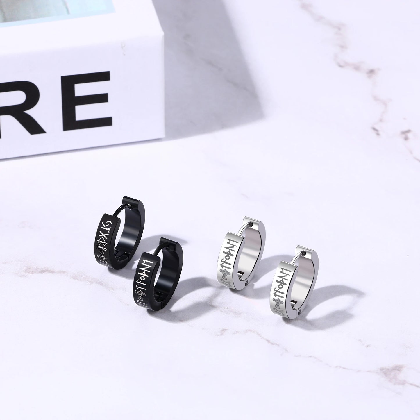 BONISKISS 2 Pairs Norse Viking Earrings Stainless Steel Nordic Elder Futhark Runes Hoop Huggie Hinged Fake Stud Men Women Unisex