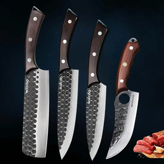 4PCS Stainless Steel Knife Set Professional Meat Cleaver Boning Knife Cutting Knife with Wooden Handle and Covers Multipurpose