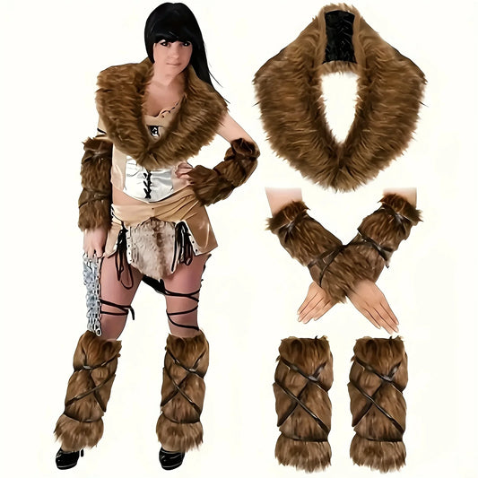 5-Piece Carnival Viking Luxury Imitation Fur Accessories Set - Collar, Legs and Hand Warmer, Halloween Costume, Role-Playing Activities