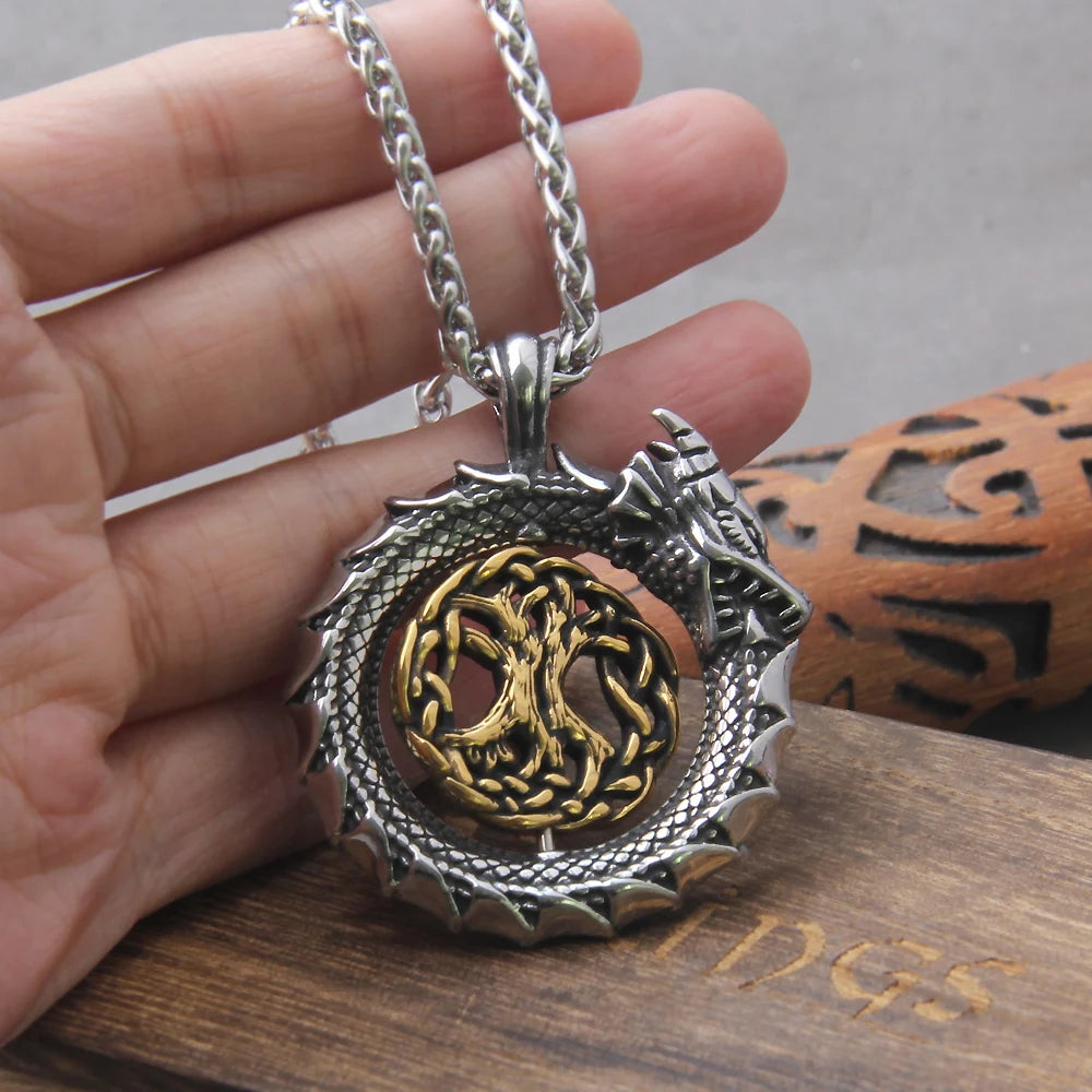 Never Fade Gold plated rotating life tree in Amulet ouroboros Pendant Necklace with vikings wood box