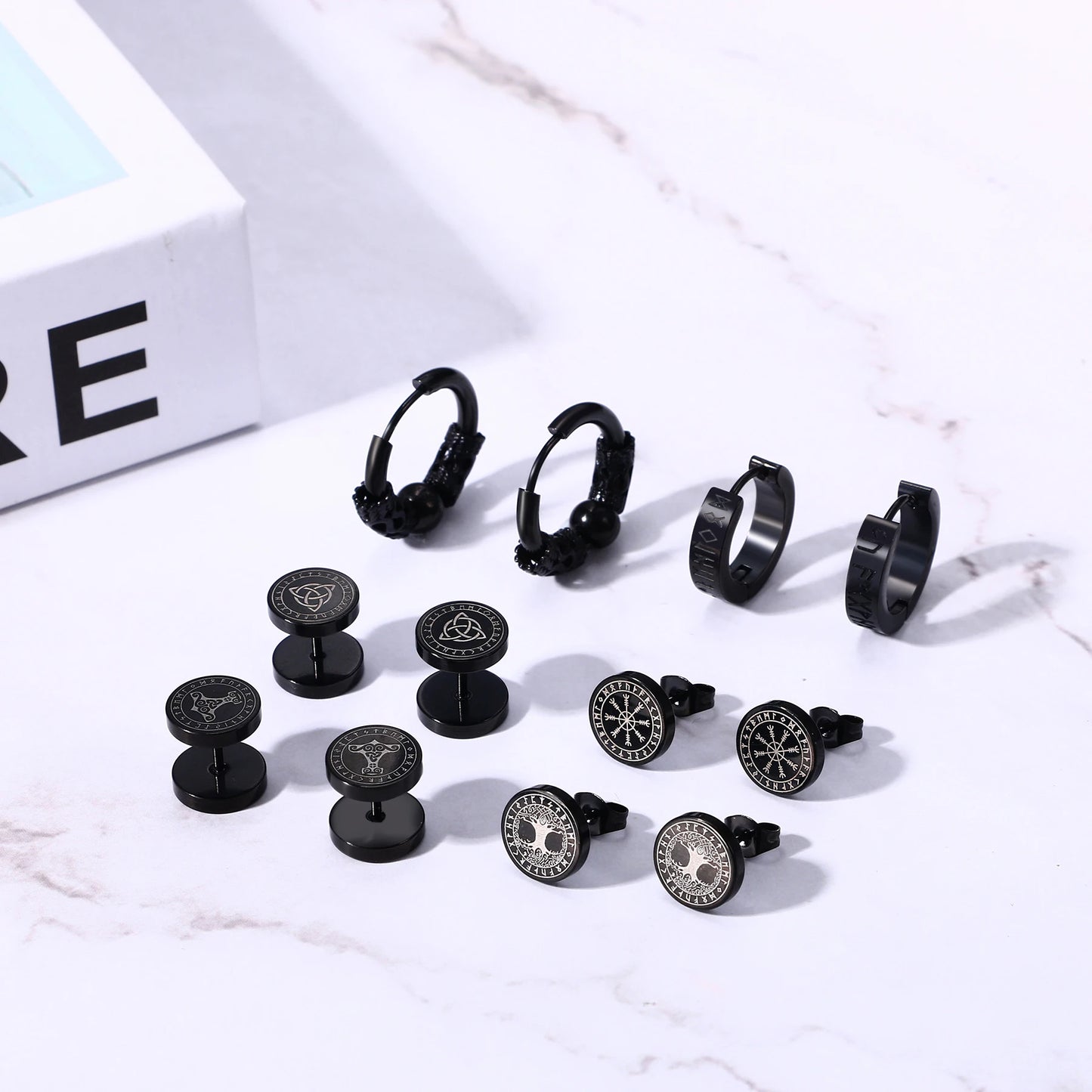 Boniskiss 6 Pairs Norse Viking Runes Hoop Earrings Stainless Steel Black Fake Plugs for Boys Men Women Piercing Ear Stud Jewelry
