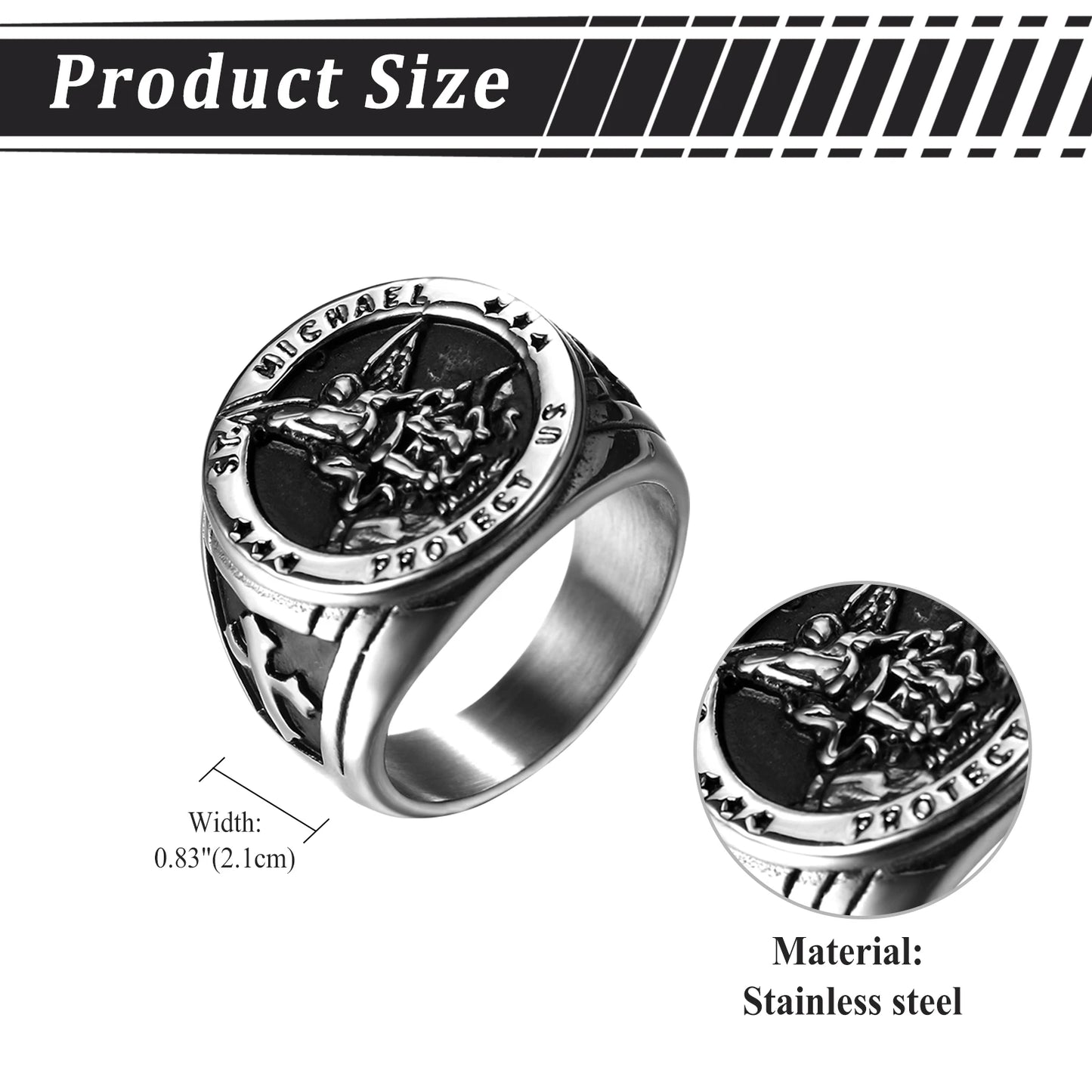 BONISKISS Men's St. Michael Ring Religious Seal Stainless Steel Ring Amulet Jewelry Gift Vintage Golden Sliver Male Fashionable
