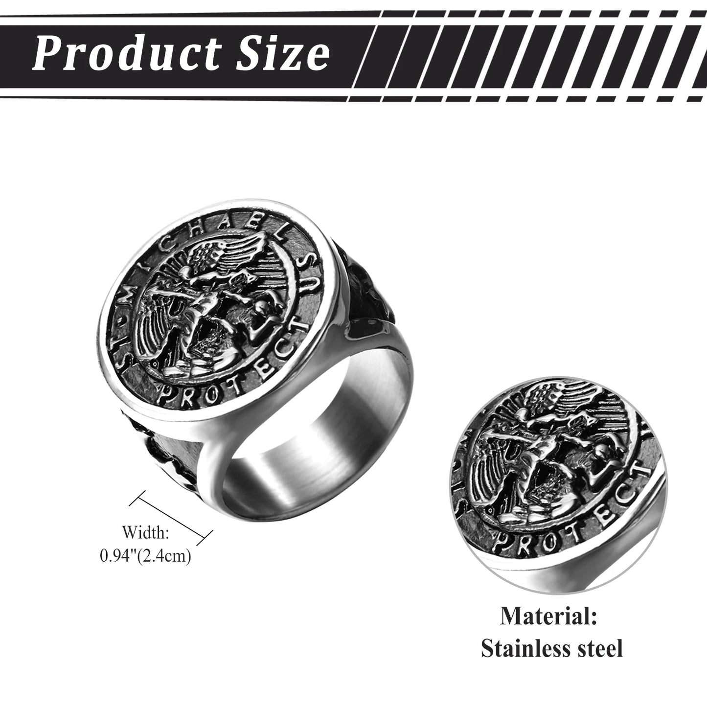 BONISKISS Men's St. Michael Ring Religious Seal Stainless Steel Ring Amulet Jewelry Gift Vintage Golden Sliver Male Fashionable