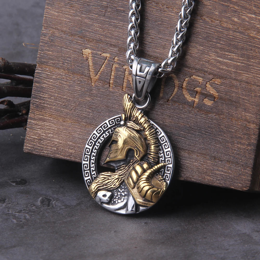 Never Fade Sparta Helmet pendant necklace with wooden box as men gift