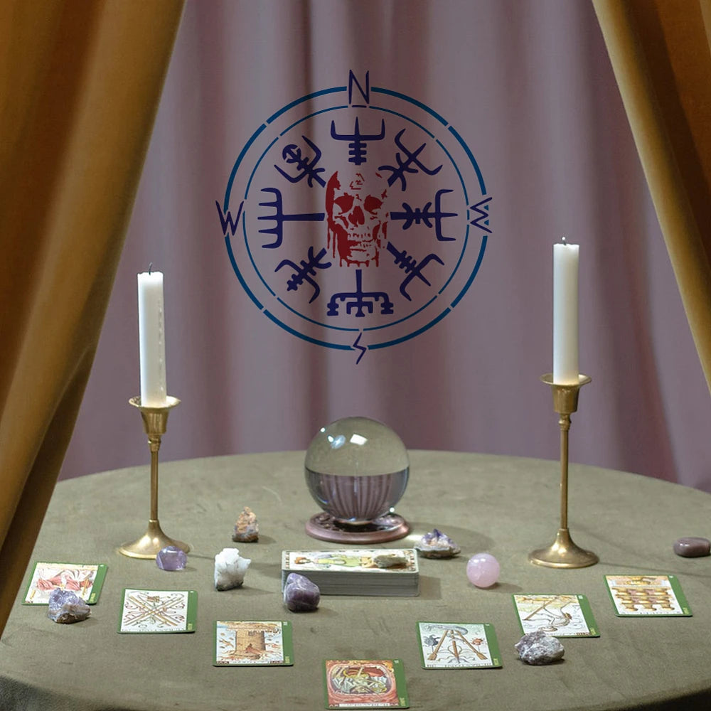 1pc Viking Compass Painting Stencil 11.8x11.8 inch Skull Compass Stencil for Painting ReusableTheme Motifs Plastic Stencil