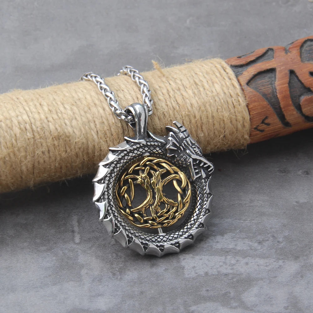 Never Fade Gold plated rotating life tree in Amulet ouroboros Pendant Necklace with vikings wood box