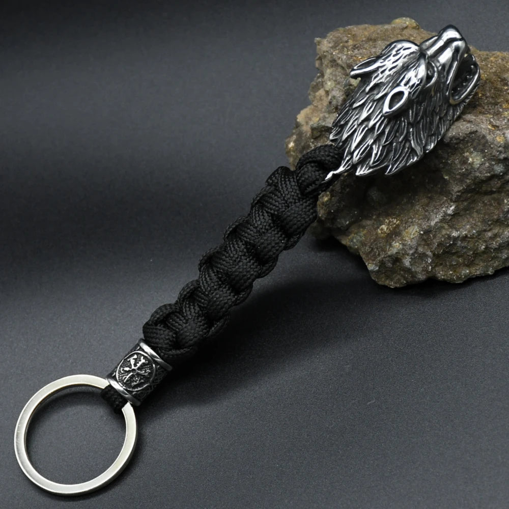 Viking Wolf Head Stainless Steel Paracord Keyring Norse