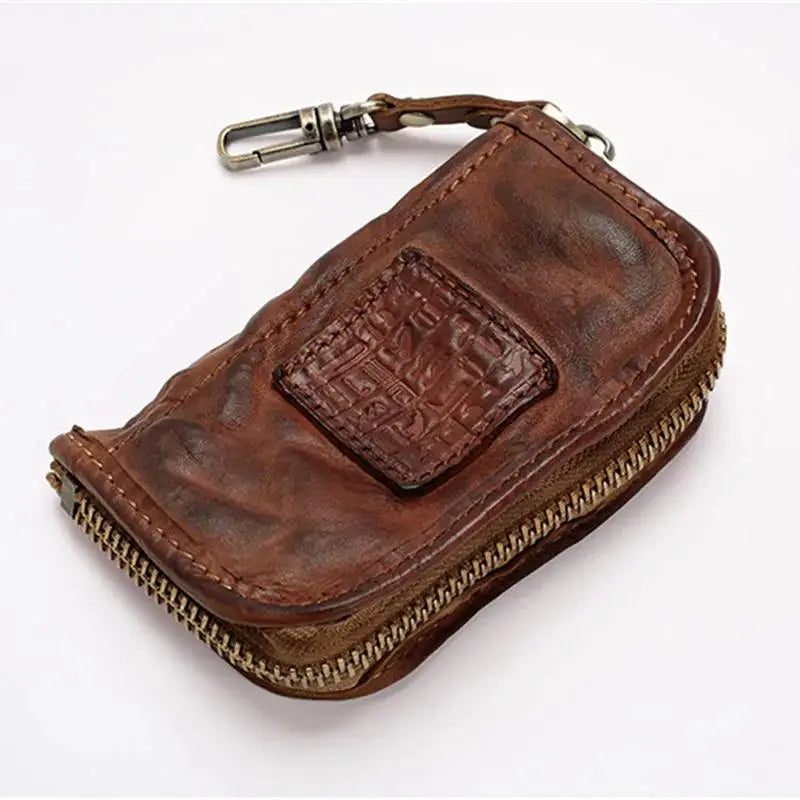 Viking Style Key Case Top Layer Cowhide Key Wallet, Large Capacity Retro Distressed Card Holder with Multi-function