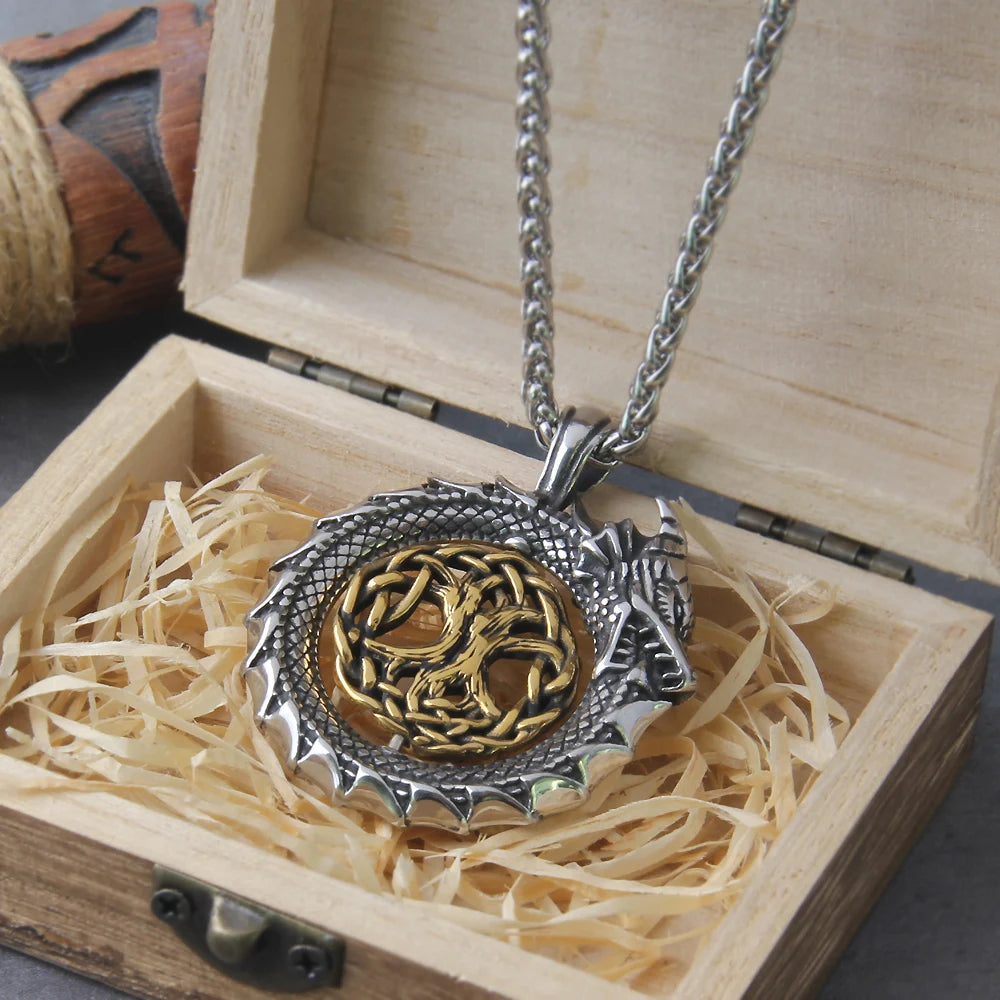 Never Fade Gold plated rotating life tree in Amulet ouroboros Pendant Necklace with vikings wood box