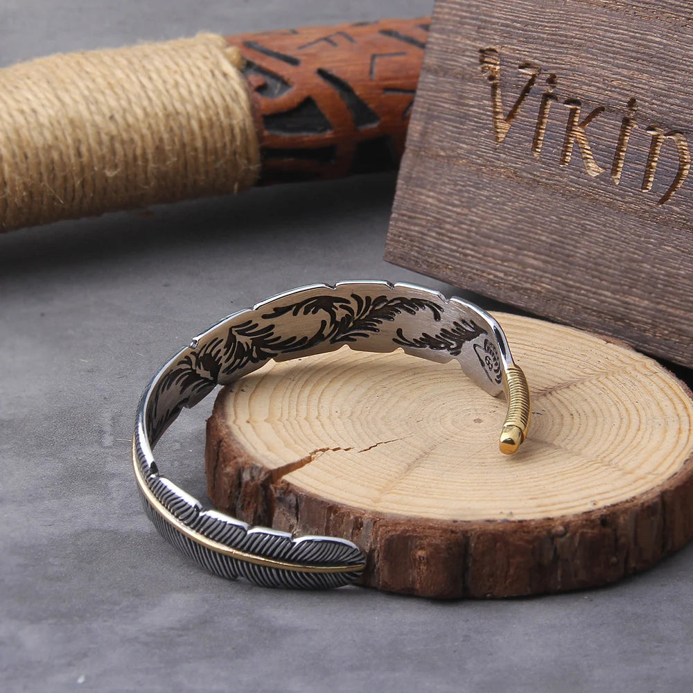 Viking Cuff  Bracelet With Ravens Feather