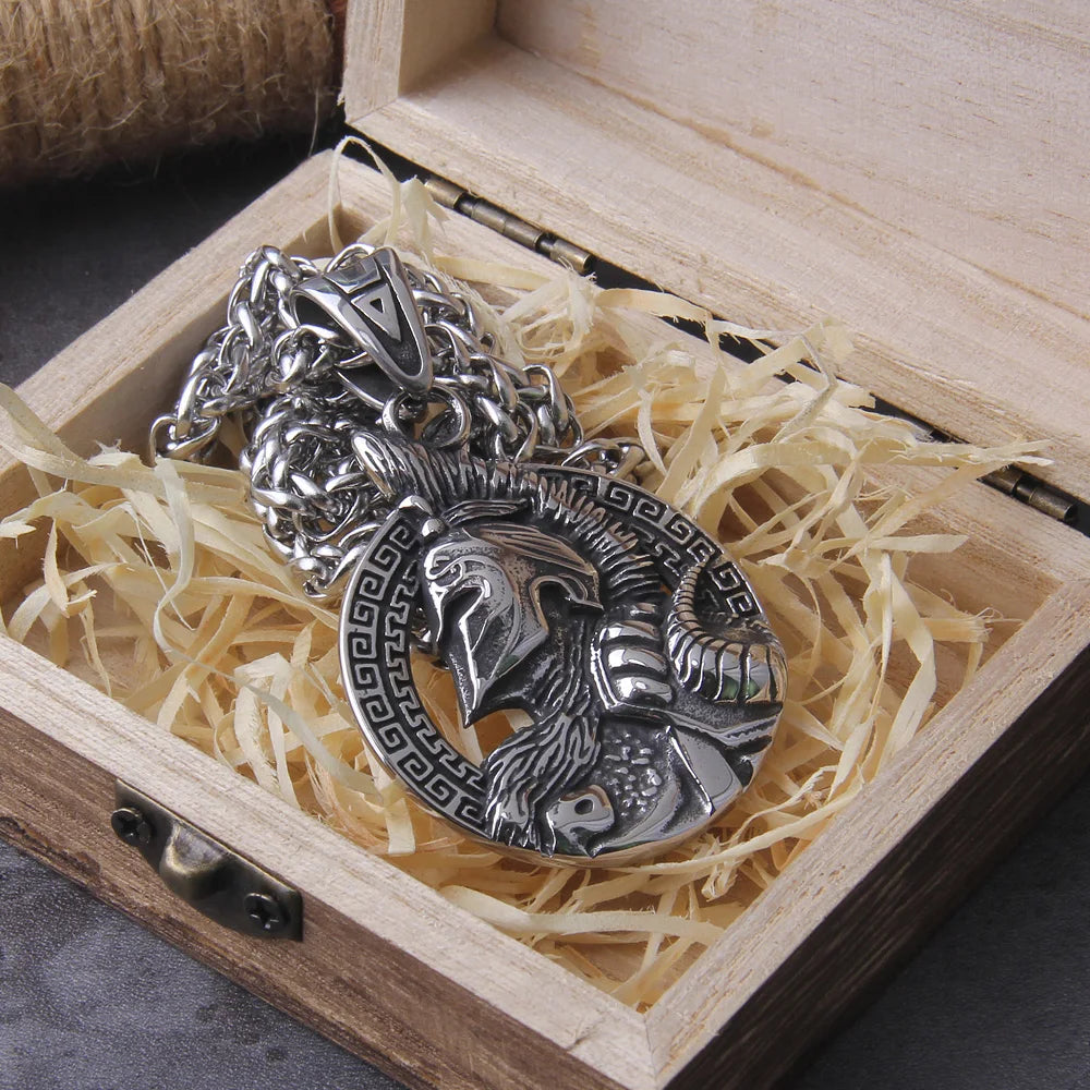 Never Fade Sparta Helmet pendant necklace with wooden box as men gift