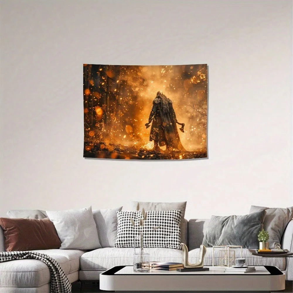 1pc Viking Warrior Tapestry Fire Axe Battle Wall Hanging Norse Mythology Art for Bedroom Man Cave School Start Season Gift