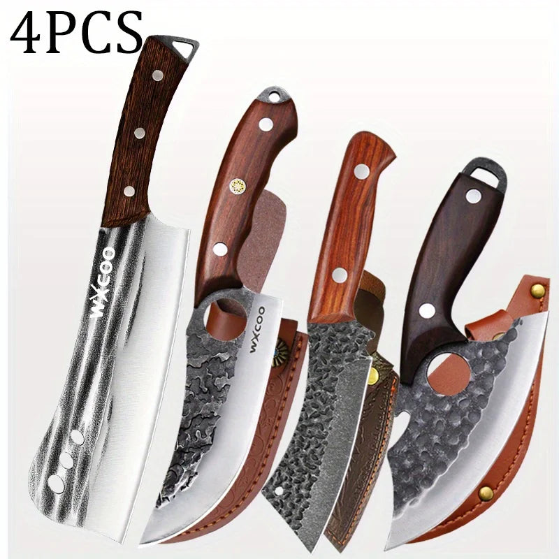 4 PCS Professional Kitchen Knife Handmade Forged Multipurpose Knife Stainless Steel Boning Cleaver Slicing Meat Fruit Wooden