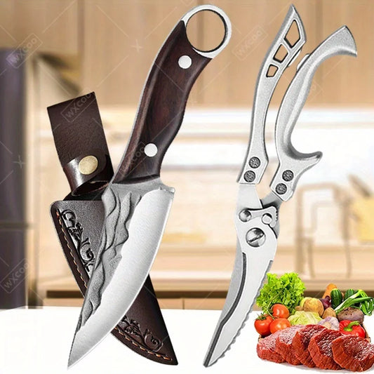 2pcS Kitchen Knife Stainless Steel Handmade Boning Cleaver Butcher Scissors Vegetable Fruit Bone Knife