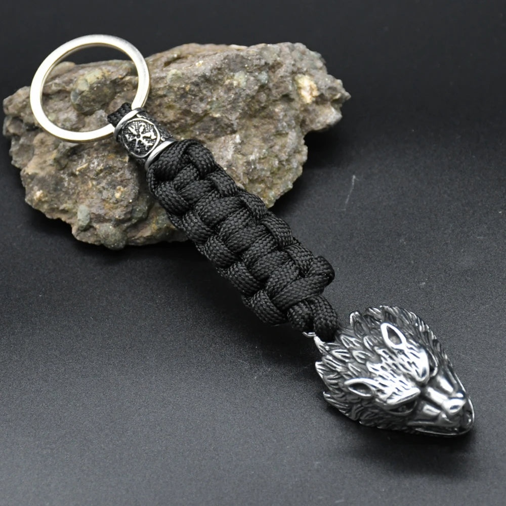 Viking Wolf Head Stainless Steel Paracord Keyring Norse