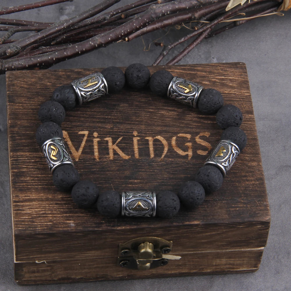 Volcano Lava Stone Beads stainless steel Runes Beads Men Bracelet Viking Rune Bracelet Fashion Charm Beads Bracelet wooden box