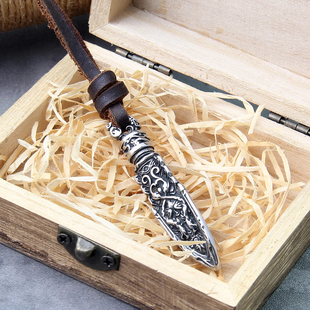 stainless steel Viking dragon spear Pendant Necklace with really cow leather chain As Men Gift with wooden box as gift